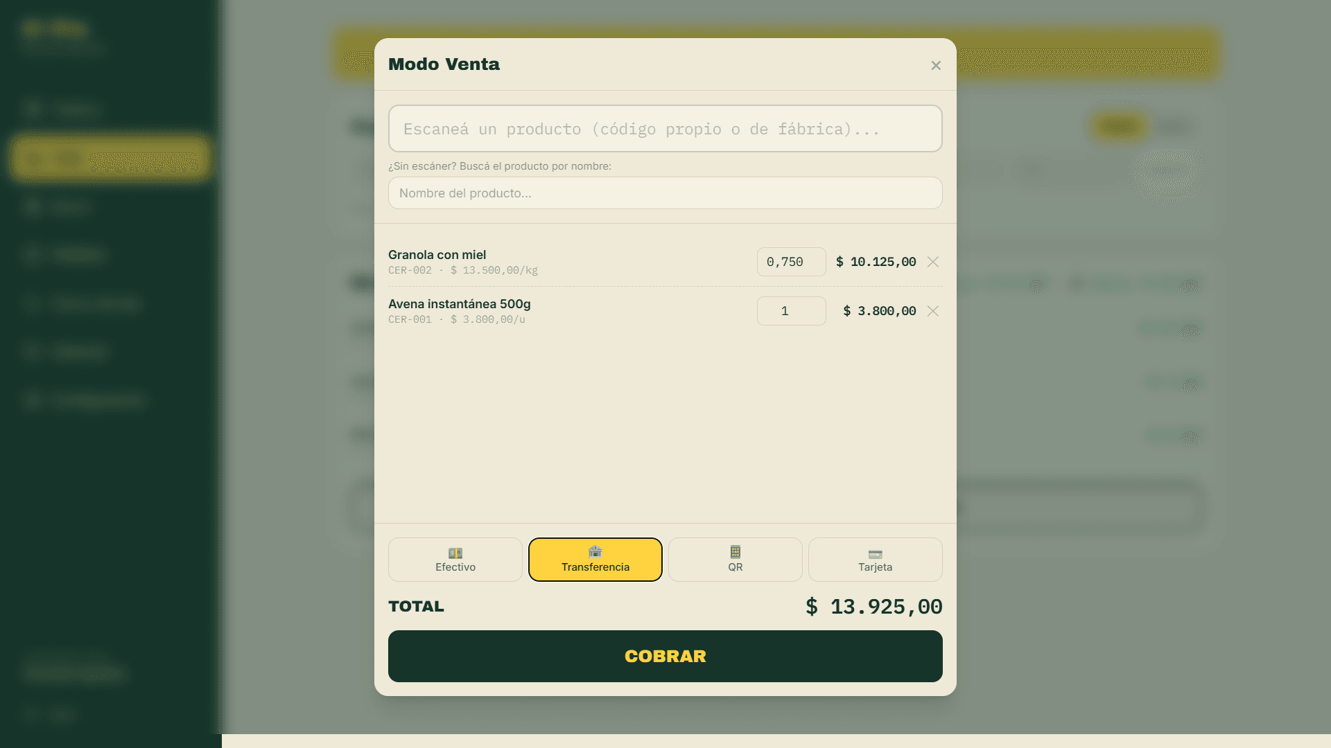 Captura del Modo Venta en Caja de Al Día con el carrito de productos escaneados