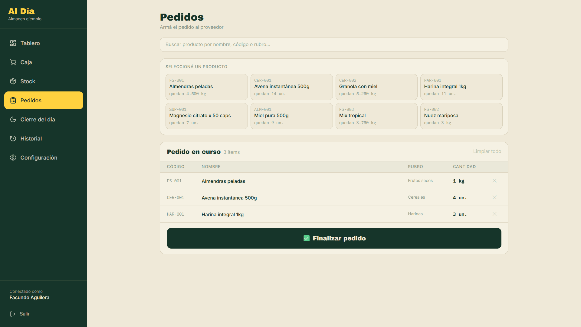 Captura de la pantalla de Pedidos de Al Día armando un pedido a proveedor