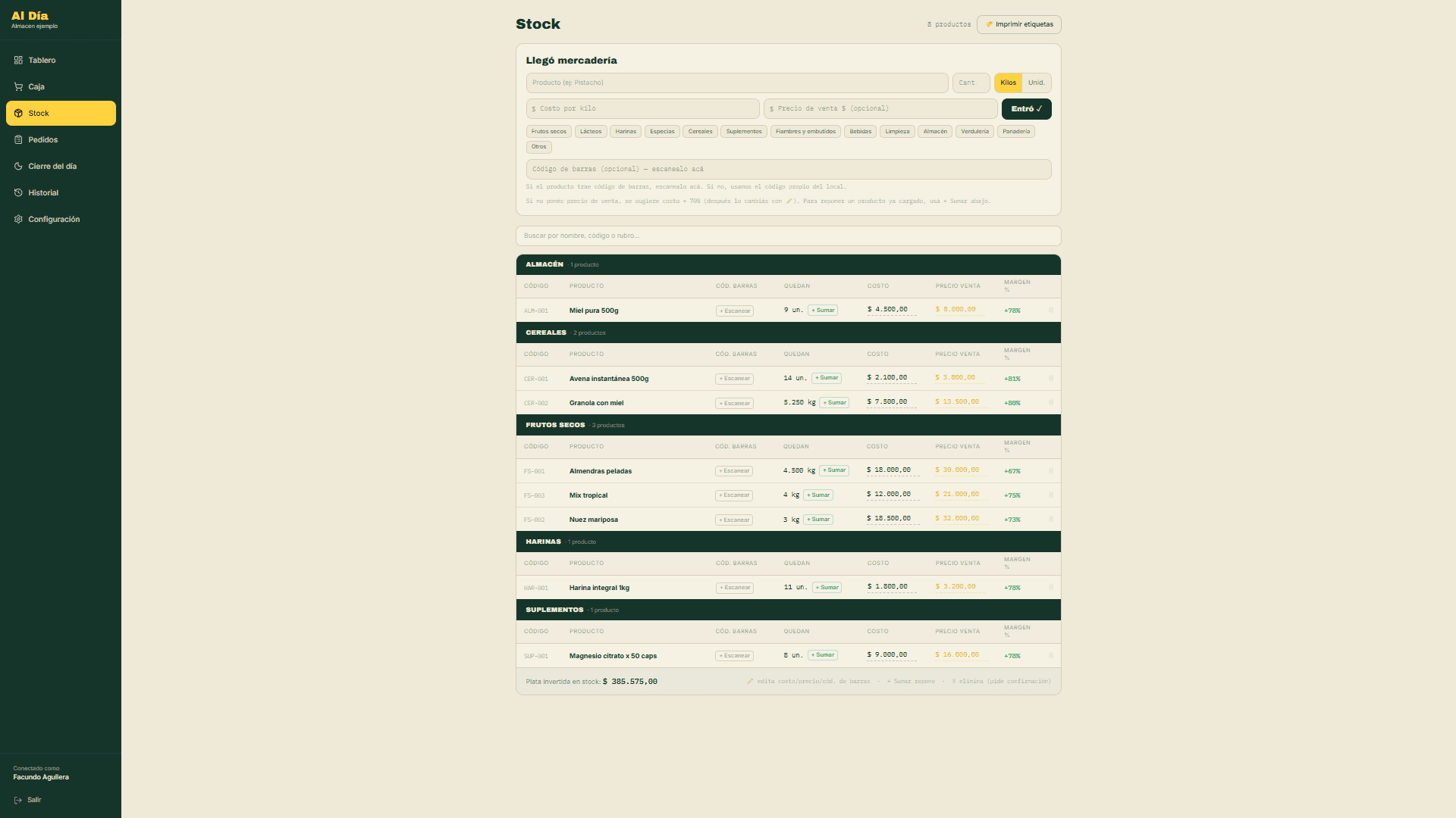 Captura de la pantalla de Stock de Al Día con la lista de productos, código de barras y existencias